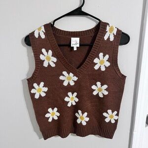 Belle Du Jour Brown Daisy Knit Sweater Vest